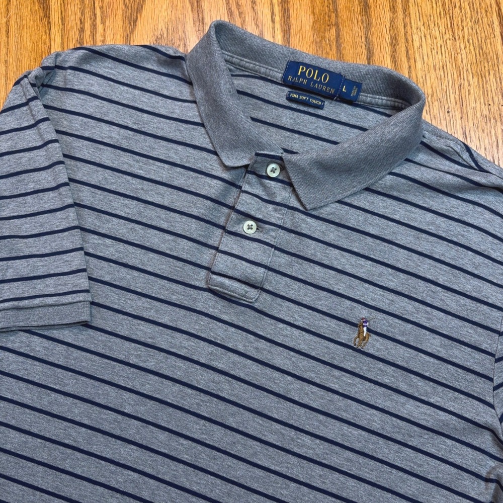 Polo Ralph Lauren Shirt Mens L Gray Striped Pima Soft Touch Cotton Flesh Pony